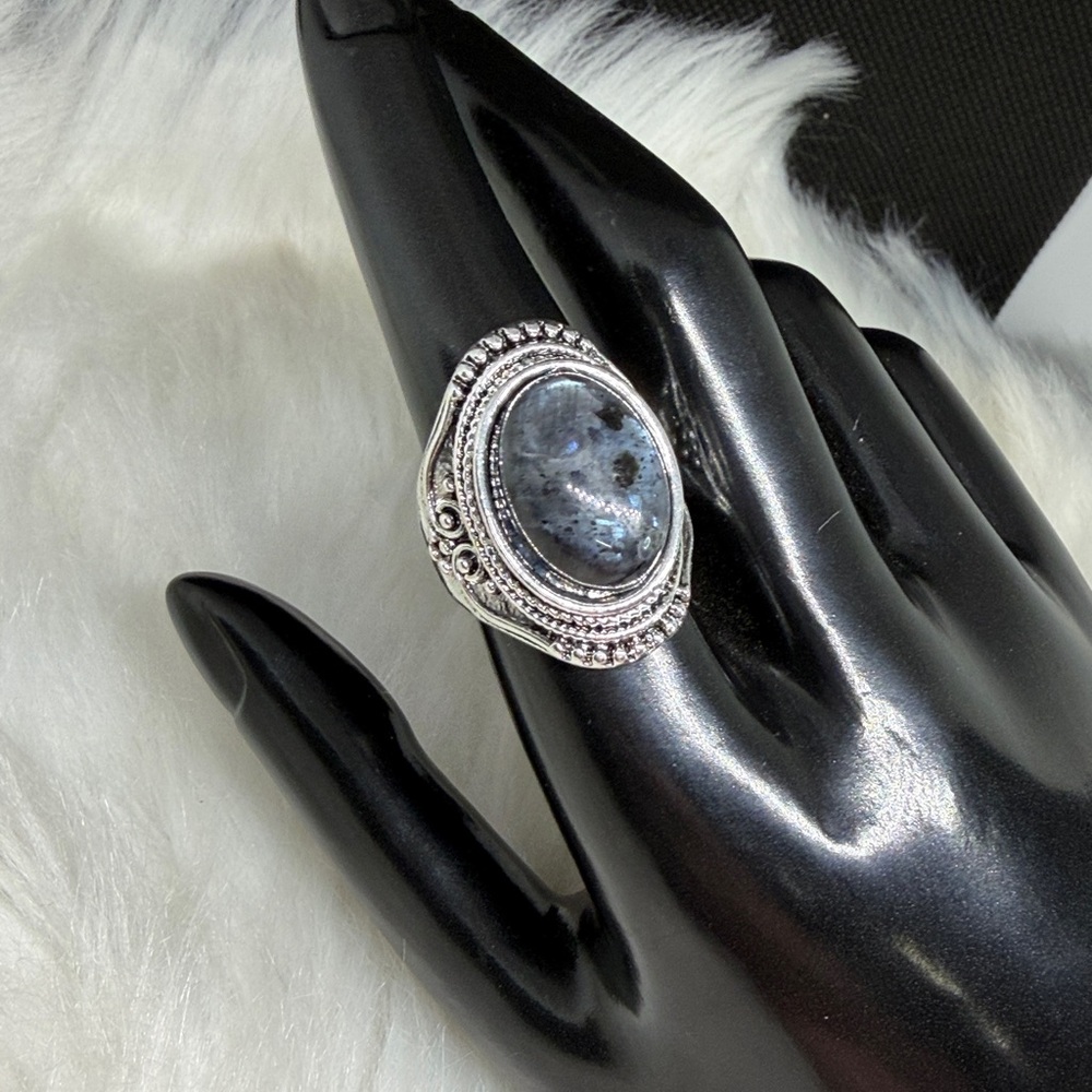 RARE Dark Moonstone set in Intricate Silver Tone Band Ring